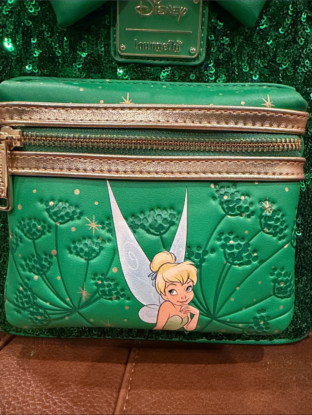 Loungefly Green Sequin Tinker Bell Mini Backpack and Peter Pan Wallet - Picture 10 of 17